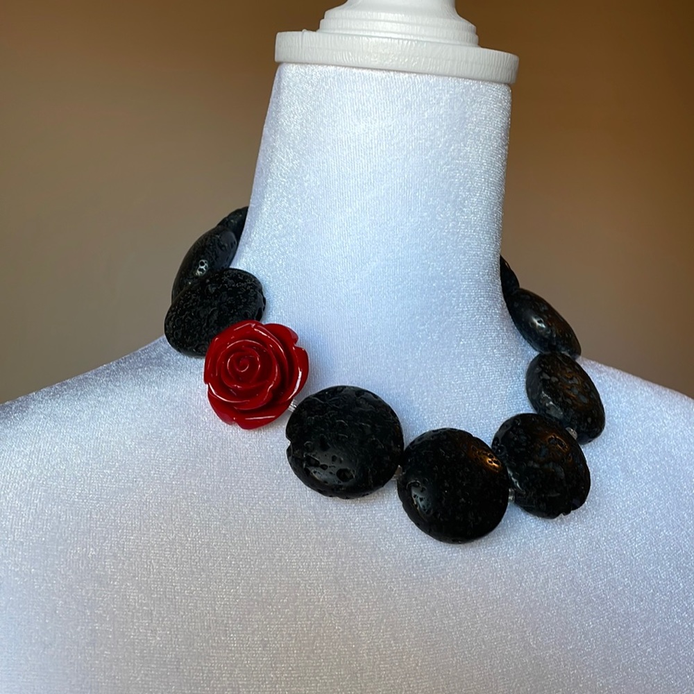 Big Lava Necklace with Red Rose